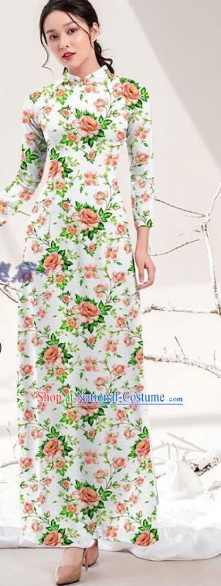 Traditional Vietnamese Printing Orange Rose Ao Dai Qipao Dress and Pants Asian Vietnam Stage Show Cheongsam Costumes