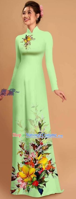 Traditional Vietnamese Bride Light Green Ao Dai Qipao Dress and Pants Asian Vietnam Classical Printing Flowers Cheongsam Costumes