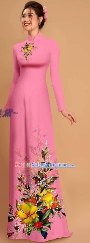 Traditional Vietnamese Bride Pink Ao Dai Qipao Dress and Pants Asian Vietnam Classical Printing Flowers Cheongsam Costumes