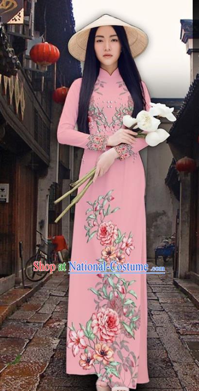 Asian Vietnam Court Classical Cheongsam Traditional Vietnamese Printing Peony Pink Ao Dai Qipao Dress and Loose Pants Women Costumes