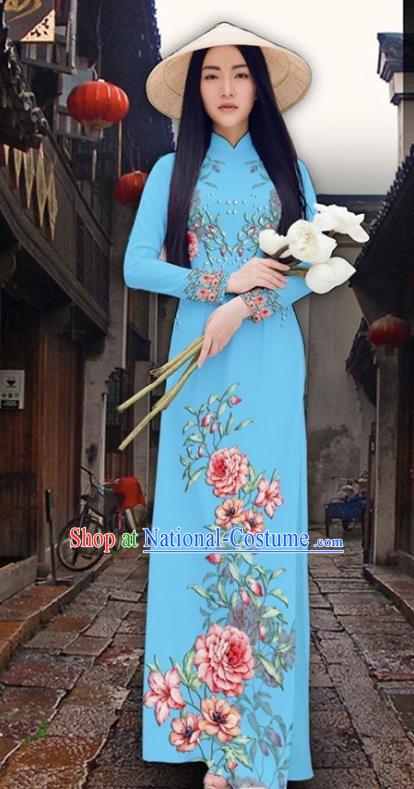 Asian Vietnam Court Classical Cheongsam Traditional Vietnamese Printing Peony Blue Ao Dai Qipao Dress and Loose Pants Women Costumes