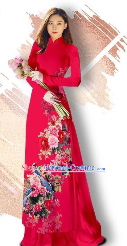 Asian Vietnam Classical Court Cheongsam Traditional Vietnamese Printing Peony Bird Red Ao Dai Qipao Dress and Loose Pants Women Costumes