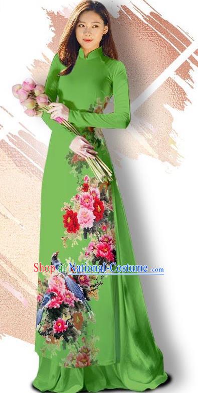 Asian Vietnam Classical Court Cheongsam Traditional Vietnamese Printing Peony Bird Green Ao Dai Qipao Dress and Loose Pants Women Costumes