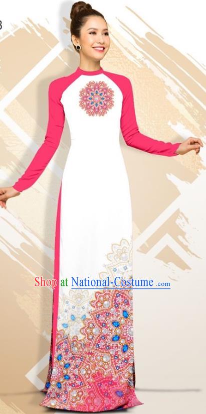 Asian Vietnam Classical Court Female Cheongsam Costumes Traditional Vietnamese Rosy Ao Dai Qipao Dress and Loose Pants