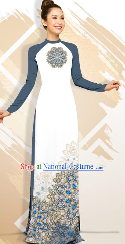 Asian Vietnam Classical Court Female Cheongsam Costumes Traditional Vietnamese Grey Blue Ao Dai Qipao Dress and Loose Pants