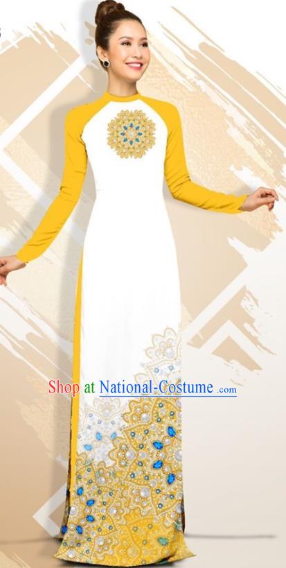 Asian Vietnam Classical Court Female Cheongsam Costumes Traditional Vietnamese Yellow Ao Dai Qipao Dress and Loose Pants