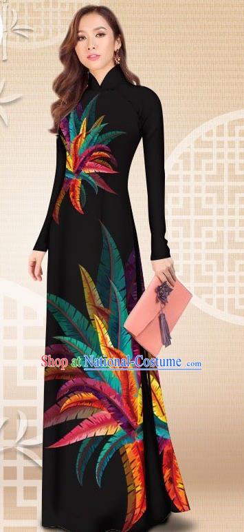 Asian Vietnam Female Classical Black Cheongsam Costumes Traditional Vietnamese Printing Petard Pattern Ao Dai Qipao Dress and Loose Pants