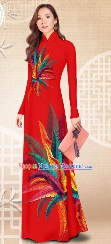 Asian Vietnam Female Classical Red Cheongsam Costumes Traditional Vietnamese Printing Petard Pattern Ao Dai Qipao Dress and Loose Pants