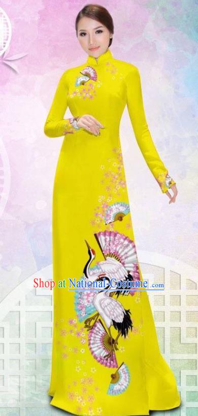 Asian Vietnam Printing Crane Yellow Cheongsam Costumes Traditional Vietnamese Classical Ao Dai Qipao Dress and Loose Pants