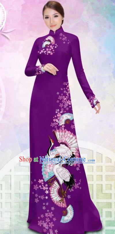 Asian Vietnam Printing Crane Purple Cheongsam Costumes Traditional Vietnamese Classical Ao Dai Qipao Dress and Loose Pants