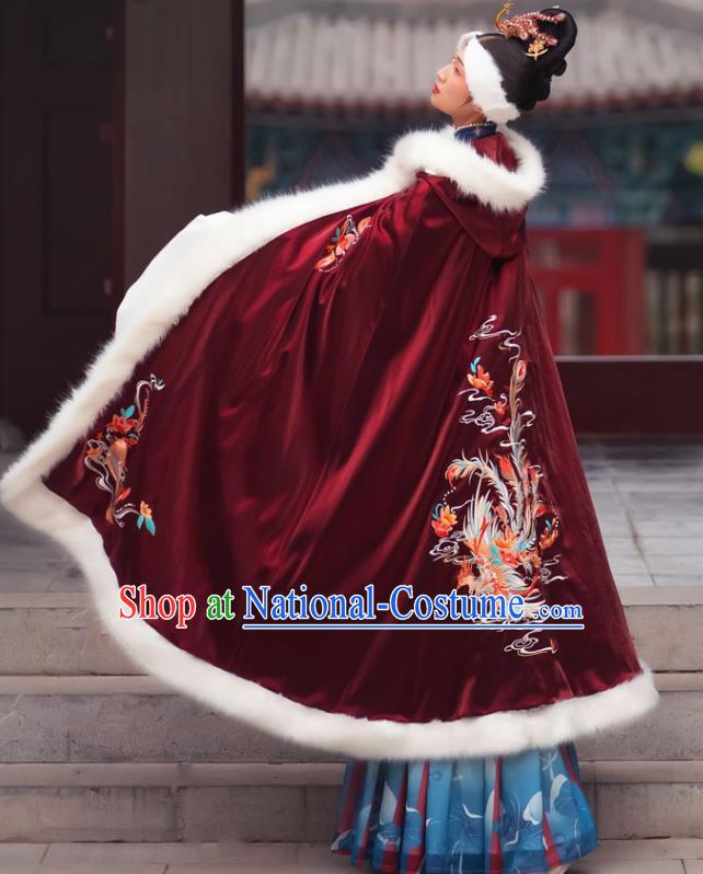 Chinese Ming Dynasty Countess Historical Costumes Traditional Ancient Noble Women Hanfu Apparels Embroidered Wine Red Wool Cape