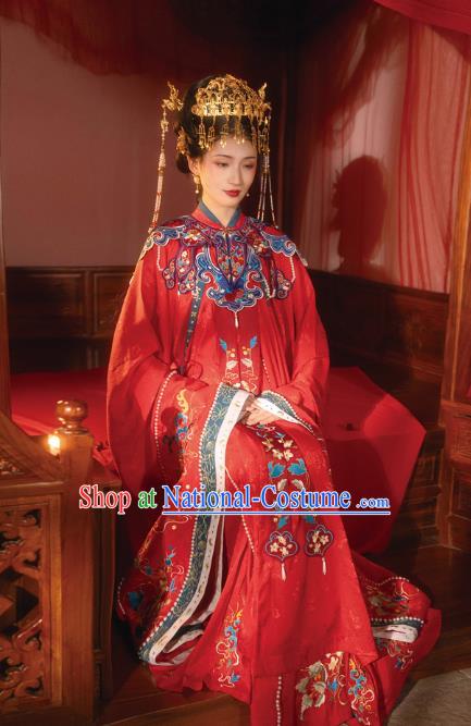 Chinese Ming Dynasty Court Queen Historical Costumes Traditional Ancient Empress Wedding Embroidered Hanfu Apparels Full Set