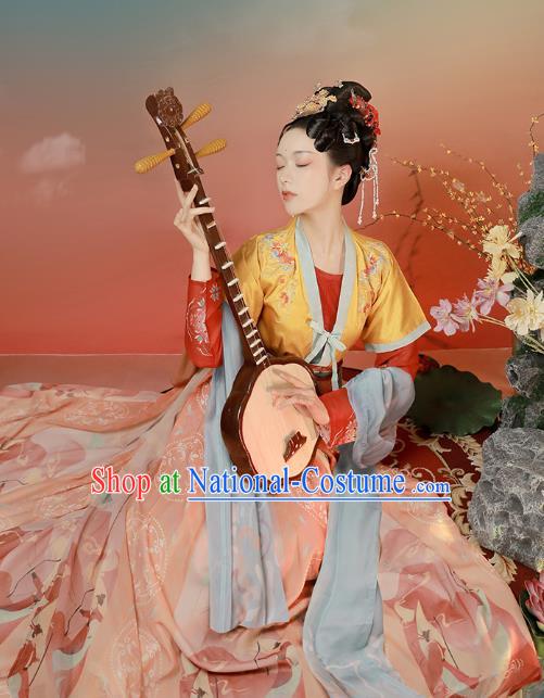 Chinese Ancient Tang Dynasty Palace Lady Historical Costumes Traditional Hanfu Apparels Embroidered Top Blouse and Skirt Complete Set