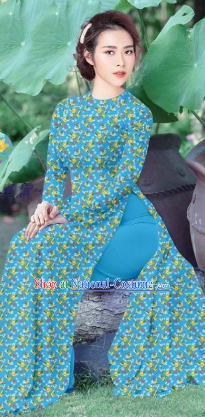 Traditional Custom Vietnamese Blue Ao Dai Qipao Dress and Pants Asian Vietnam Stage Show Cheongsam Female Costumes