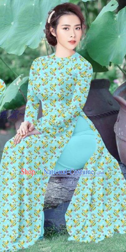 Vietnamese Custom Ao Dai Dress Traditional Female Qipao and Pants Asian Vietnam Cheongsam Light Blue Uniforms Costume