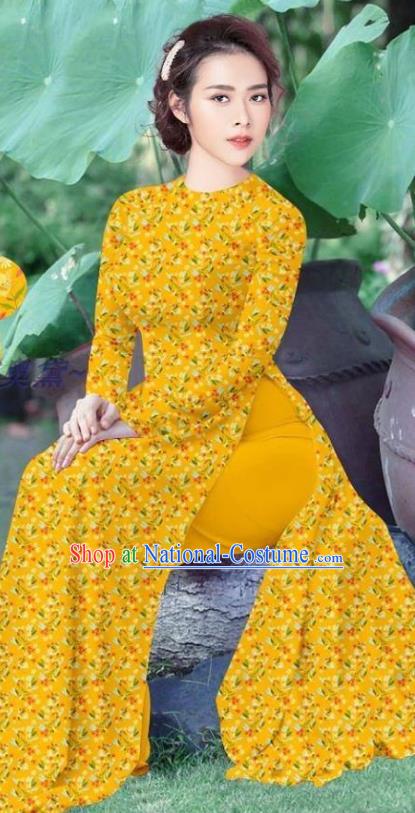 Vietnamese Women Yellow Qipao and Pants Uniforms Traditional Ao Dai Dress Asian Vietnam Custom Cheongsam Costume