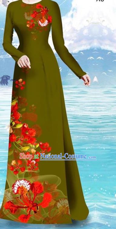 Army Green Asian Vietnamese Cheongsam Custom Qipao and Pants Uniforms Vietnam Women Ao Dai Dress Traditional Printing Cockscomb Pattern Costume