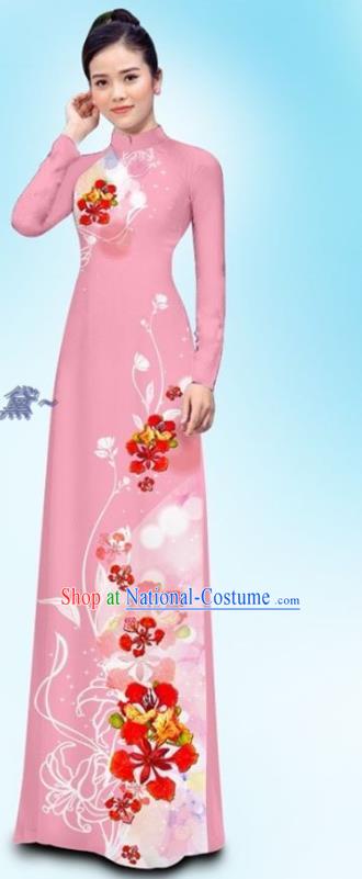 Traditional Vietnamese Pink Uniforms Female Clothing Ao Dai Cheongsam and Pants Asian Vietnam Custom Qipao Dress