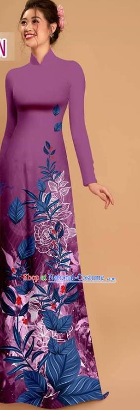 Custom Vietnam Traditional Purple Ao Dai Dress Asian Vietnamese Costume Printing Qipao with Pants Uniforms