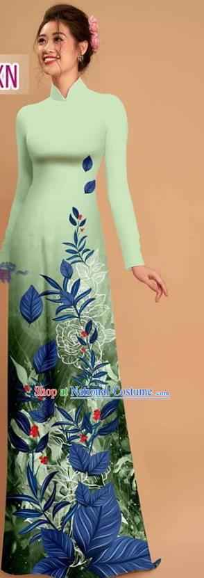 Custom Vietnamese Printing Qipao with Pants Uniforms Vietnam Traditional Ao Dai Dress Asian Light Green Costume