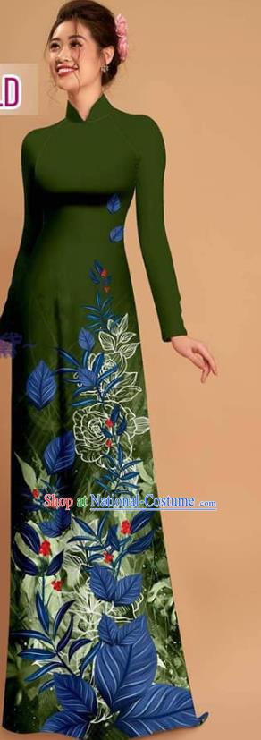 Vietnamese Custom Olive Green Uniforms Traditional Asian Vietnam Costume Printing Qipao with Pants Ao Dai Dress