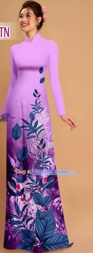 Asian Vietnam Printing Lilac Qipao with Pants Ao Dai Dress Vietnamese Custom Uniforms Traditional Costume