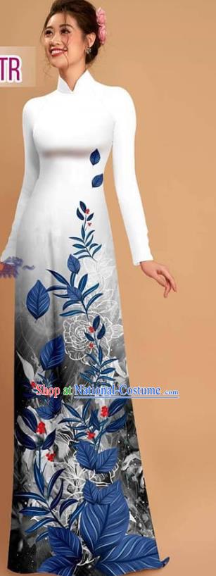 Asian Vietnam Ao Dai Dress Vietnamese Custom Uniforms Traditional Costume Printing White Qipao with Pants