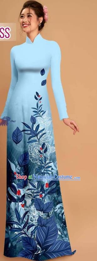 Custom Asian Vietnam Ao Dai Dress Vietnamese Uniforms Traditional Printing Light Blue Qipao with Pants Costume