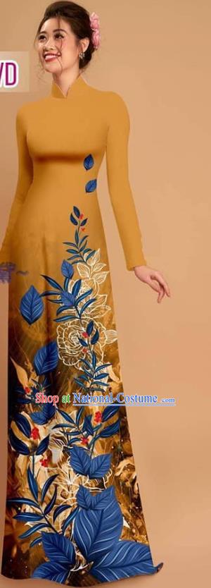 Custom Asian Vietnam Ginger Ao Dai Dress Traditional Printing Qipao with Pants Costume Vietnamese Uniforms