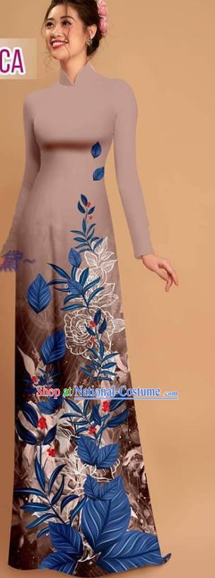 Custom Vietnamese Printing Brown Qipao with Pants Uniforms Asian Vietnam Traditional Costume Ao Dai Dress