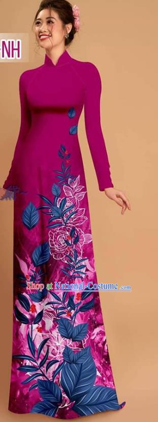 Custom Vietnamese Uniforms Asian Vietnam Traditional Costume Printing Qipao with Pants Amaranth Ao Dai Dress