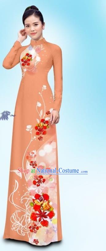 Traditional Vietnamese Custom Uniforms Ao Dai Cheongsam and Pants Asian Vietnam Qipao Dress Woman Orange Clothing