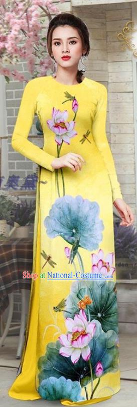 Custom Asian Vietnam Costume Vietnamese Traditional Qipao Dress with Pants Printing Lotus Yellow Ao Dai Uniforms