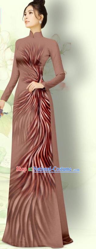 Custom Brown Dress Costume Vietnamese Traditional Bride Uniforms Asian Vietnam Ao Dai Qipao with Pants