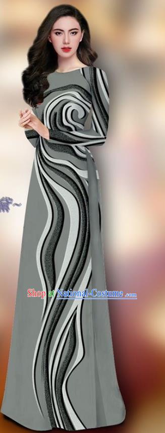 Asian Vietnam Custom Grey Ao Dai Cheongsam Uniforms Traditional Vietnamese Woman Qipao Dress and Pants Clothing