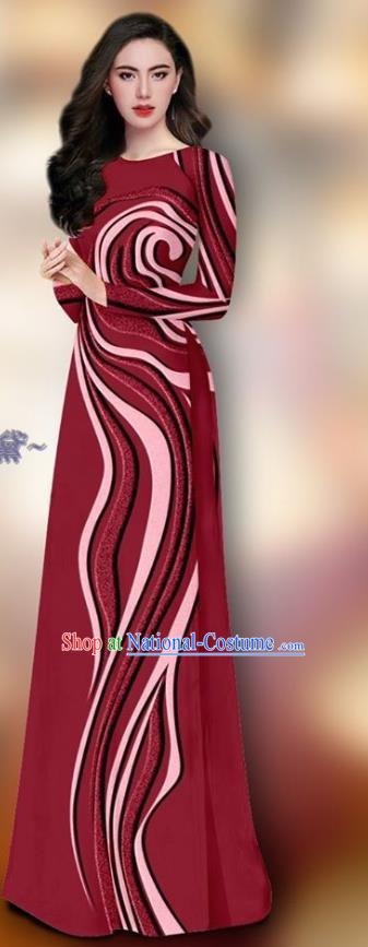 Wine Red Vietnam Dress Custom Uniforms Traditional Asian Ao Dai Clothing Vietnamese Woman Cheongsam and Pants