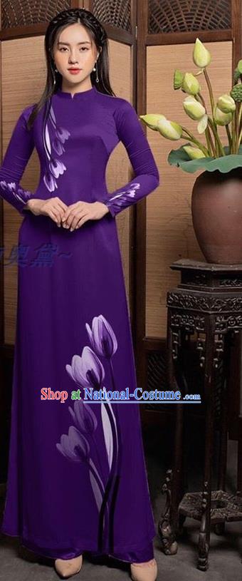 Asian Vietnam Ao Dai Costume Traditional Bride Long Dress with Pants Uniforms Custom Vietnamese Purple Cheongsam