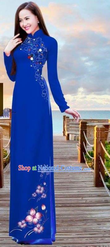 Vietnamese Traditional Bride Royalblue Long Dress with Pants Custom Ao Dai Costume Asian Vietnam Cheongsam Uniforms