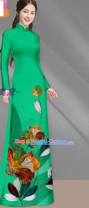 Vietnamese Green Uniforms Asian Traditional Cheongsam Bride Long Dress with Pants Custom Vietnam Women Ao Dai Costume