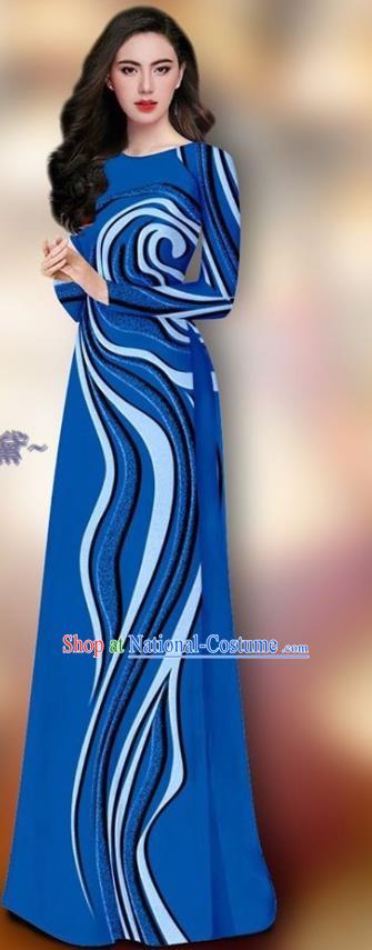 Traditional Vietnam Dress Ao Dai Clothing Asian Vietnamese Cheongsam and Pants Custom Royalblue Uniforms