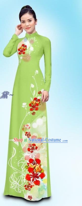 Traditional Vietnamese Uniforms Clothing Female Ao Dai Cheongsam and Pants Custom Asian Vietnam Light Green Qipao Dress