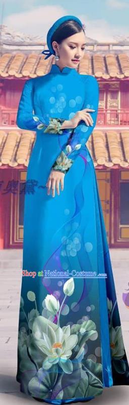 Traditional Vietnam Bride Costume Custom Blue Ao Dai Dress Printing Cheongsam with Pants Asian Vietnamese Clothing