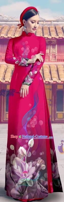 Custom Traditional Vietnam Bride Costume Printing Cheongsam with Pants Asian Vietnamese Clothing Magenta Ao Dai Dress