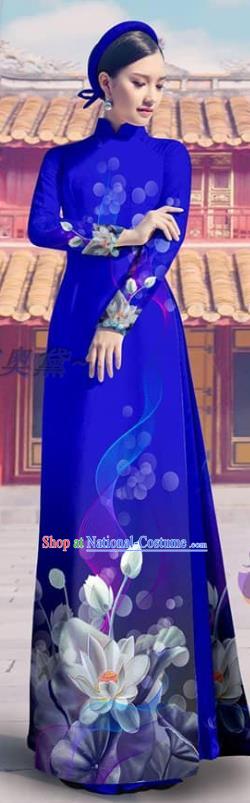 Vietnam Bride Printing Royalblue Cheongsam with Pants Custom Traditional Clothing Asian Vietnamese Ao Dai Dress Costume