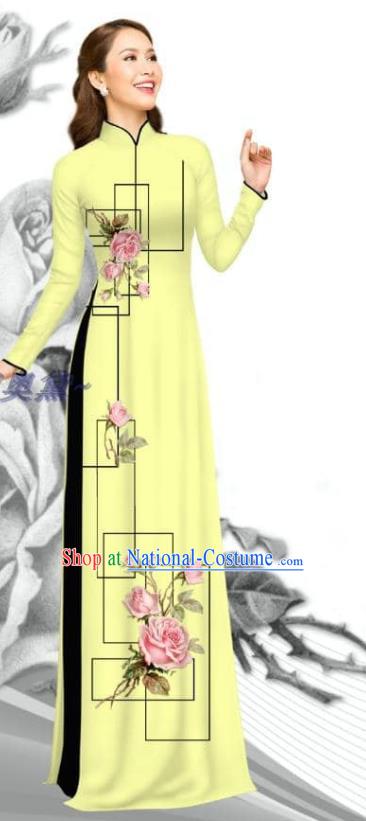 Custom Asian Vietnamese Light Yellow Ao Dai Clothing Traditional Vietnam Bride Costume Printing Rose Dress with Pants Women Uniforms