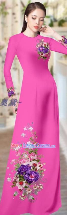 Asian Vietnamese Printing Rosy Cheongsam with Pants Vietnam Ao Dai Dress Custom Costume Traditional Female Clothing