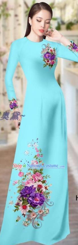 Light Blue Printing Cheongsam with Pants Vietnam Uniforms Ao Dai Dress Asian Vietnamese Traditional Custom Costume