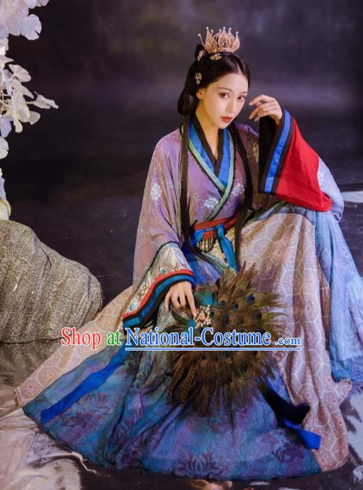 Chinese Jin Dynasty Historical Costumes Traditional Ancient Goddess Purple Hanfu Apparels Blouse and Skirt for Women