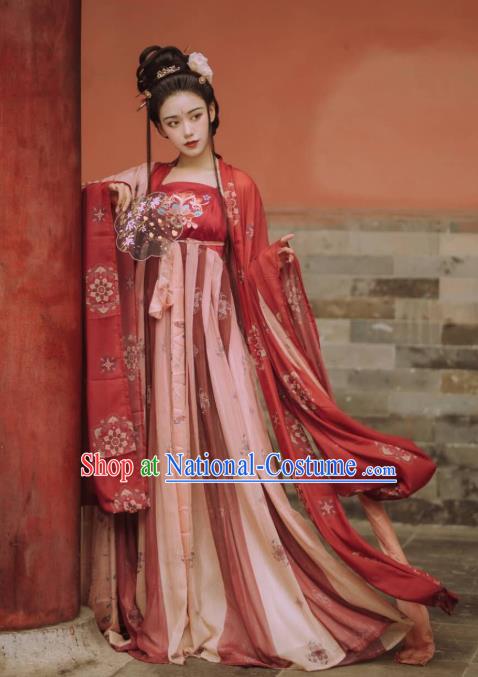 Chinese Traditional Ancient Imperial Consort Hanfu Apparels Red Cape and Dress Tang Dynasty Court Historical Costumes for Women