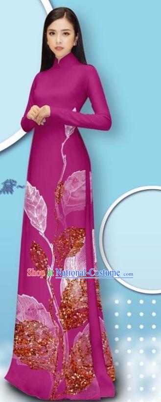 Vietnamese Traditional Rosy Cheongsam Custom Vietnam Female Ao Dai Uniforms Asian Bride Costume Long Dress with Pants